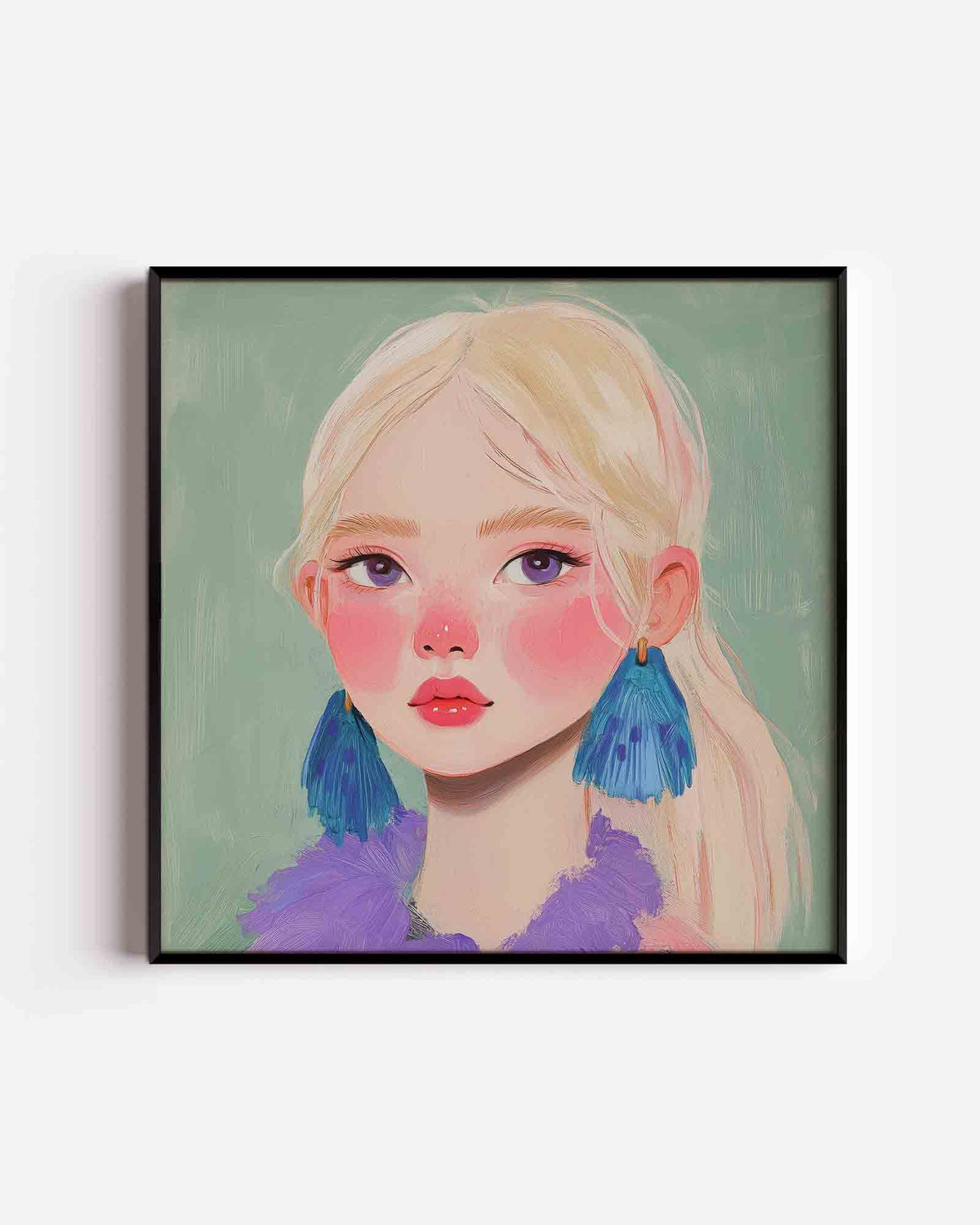 Portret met blauwe oorbellen – moderne vierkante poster als wanddecoratie