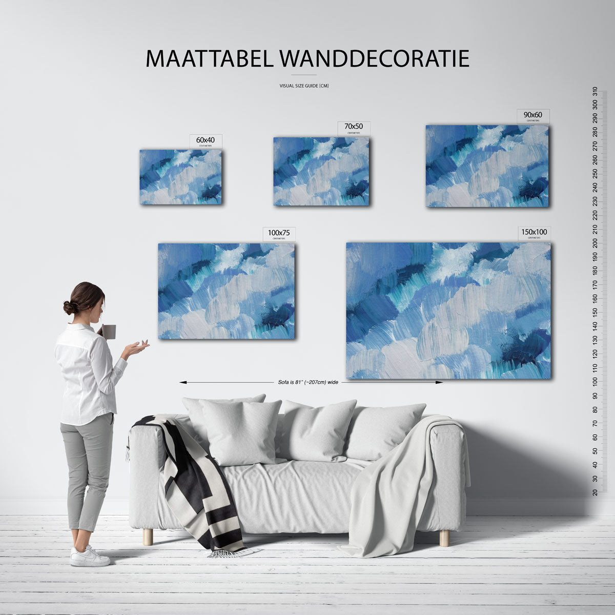 Dynamische blauwe borstels – Blauwe – moderne liggende wandkunst