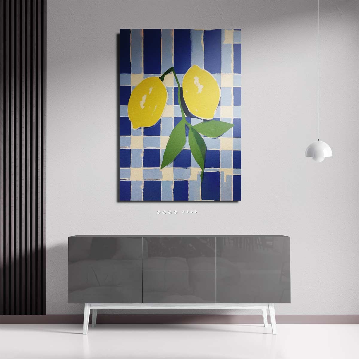 Zonnige Citroenen op Blauwe Schachtdoeken – staande wandkunst voor woonkamer of interieur