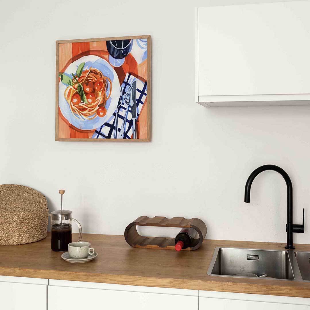 Spaghetti en wijn – keukenposter in vierkant formaat