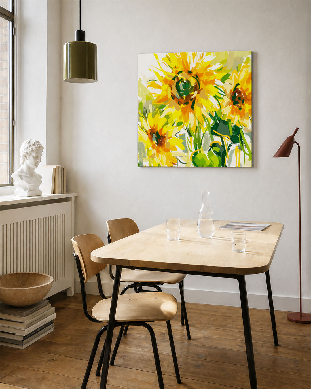 Zonnebloemen kunstwerk – vierkante wanddecoratie – dit werk toont levendige zonnebloemen met dynamische penseelstreken. De