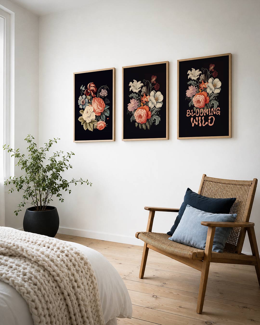 Bloemenpracht posterset – derde productweergave – een weelderige verzameling bloemen in zachte tinten rood,