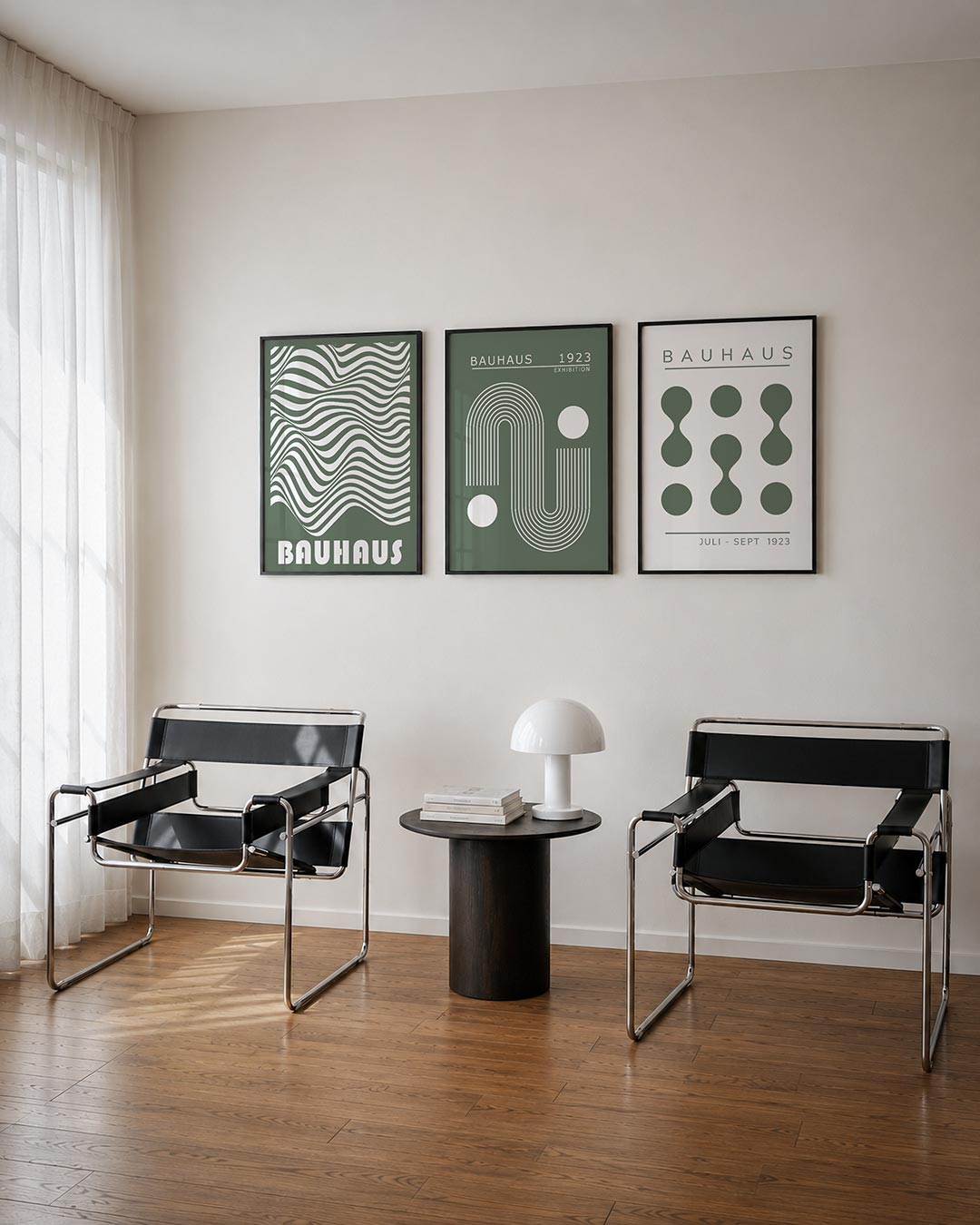Golvend lijnenspel posterset – tweede productweergave – deze posterset toont vloeiende, golvende lijnen in wit op een