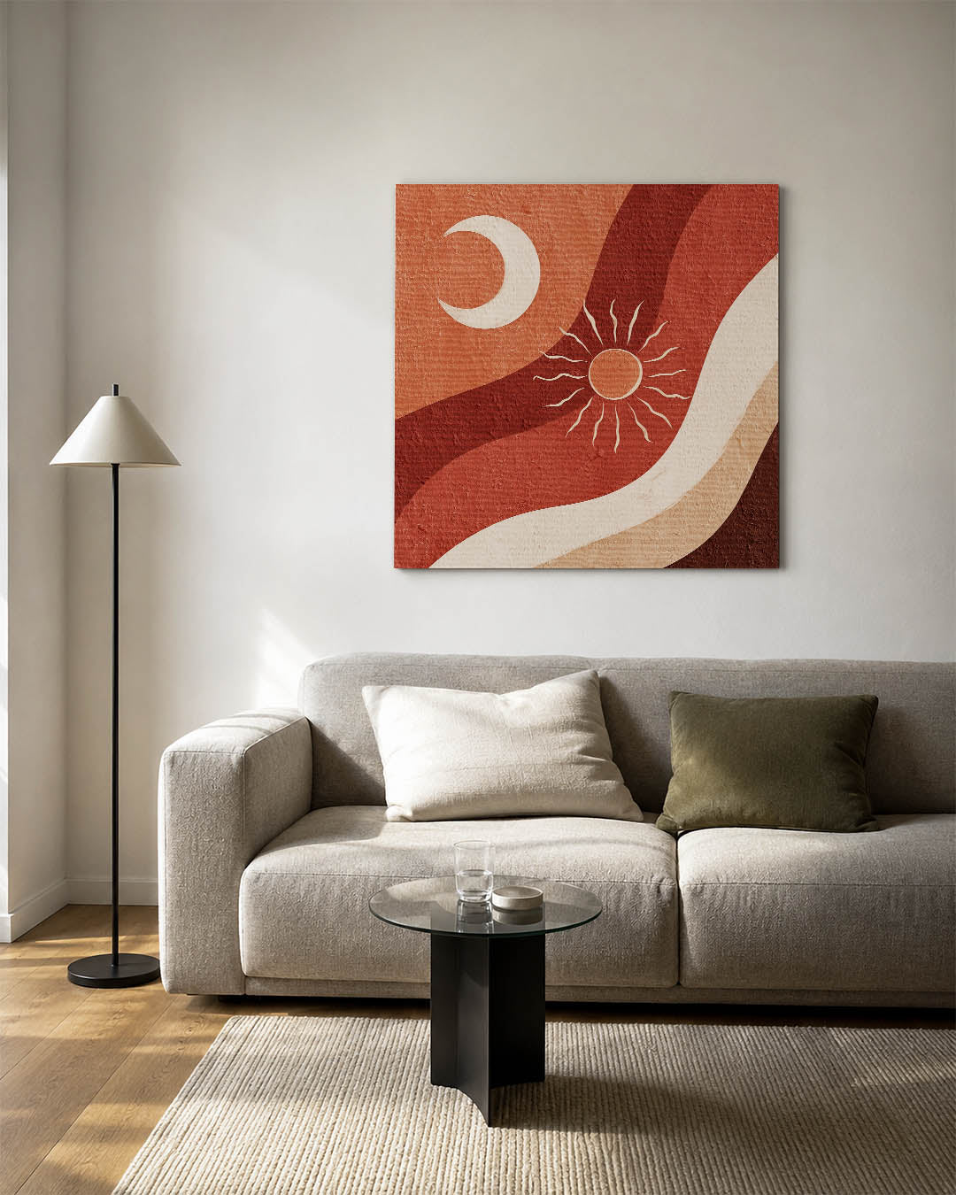 Golvende zon en maan kunstwerk – vierkante wanddecoratie – dit werk toont vloeiende lijnen in warme tinten met een halve maan