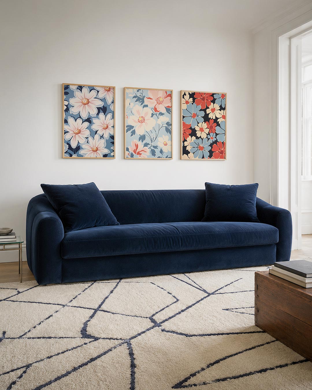 Bloemrijke vlakverdeling driedelige posterset – deze posterset toont grote, witte bloemen met roze accenten