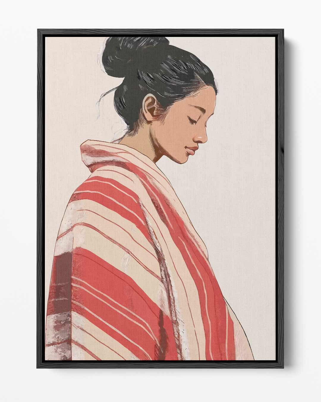 Vrouw in Rood-Wit Geblokte Kimono – portret kunstwerk als wanddecoratie
