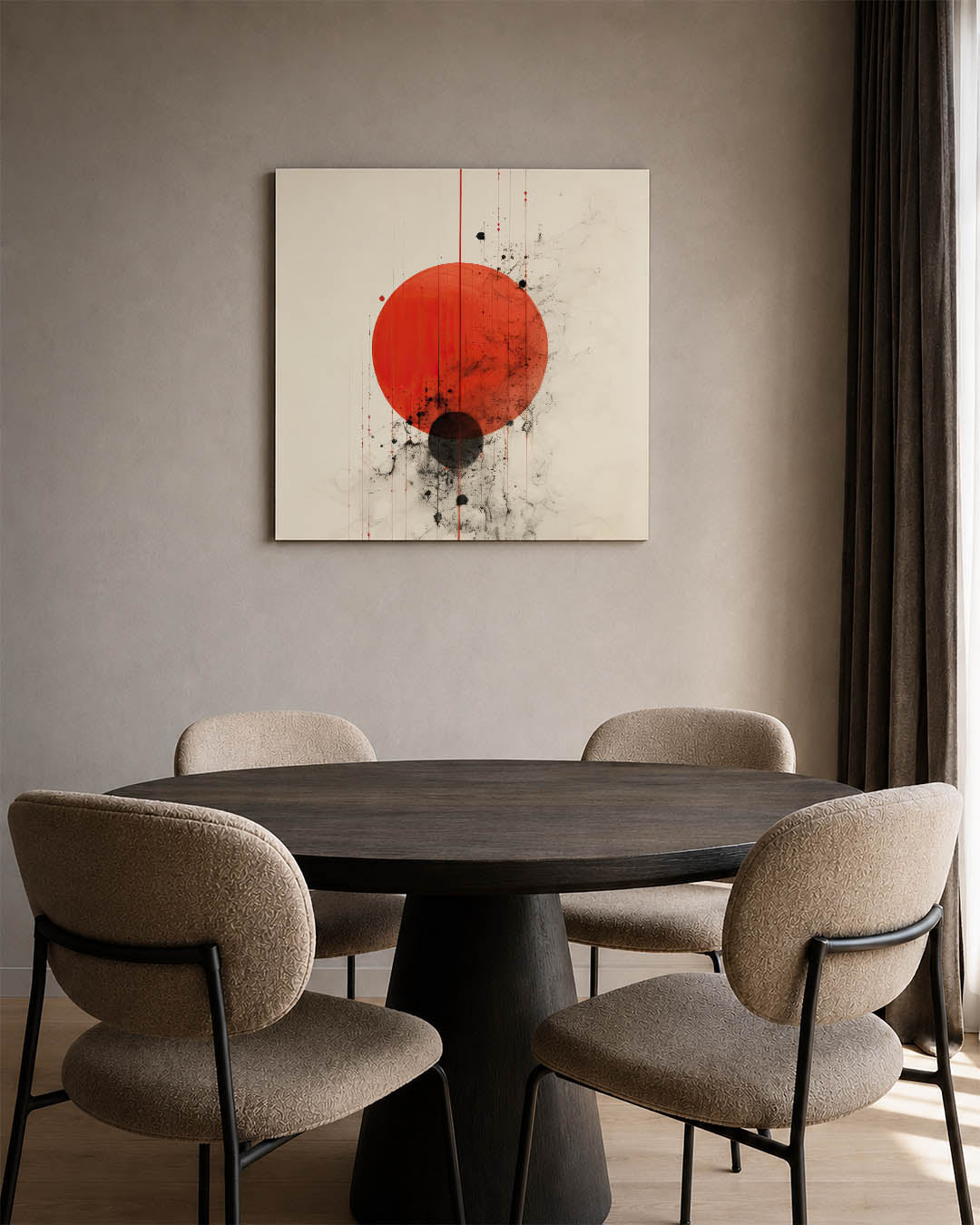 Geometrische cirkelcompositie kunstwerk – vierkante wanddecoratie – dit werk toont een grote rode cirkel met een kleinere