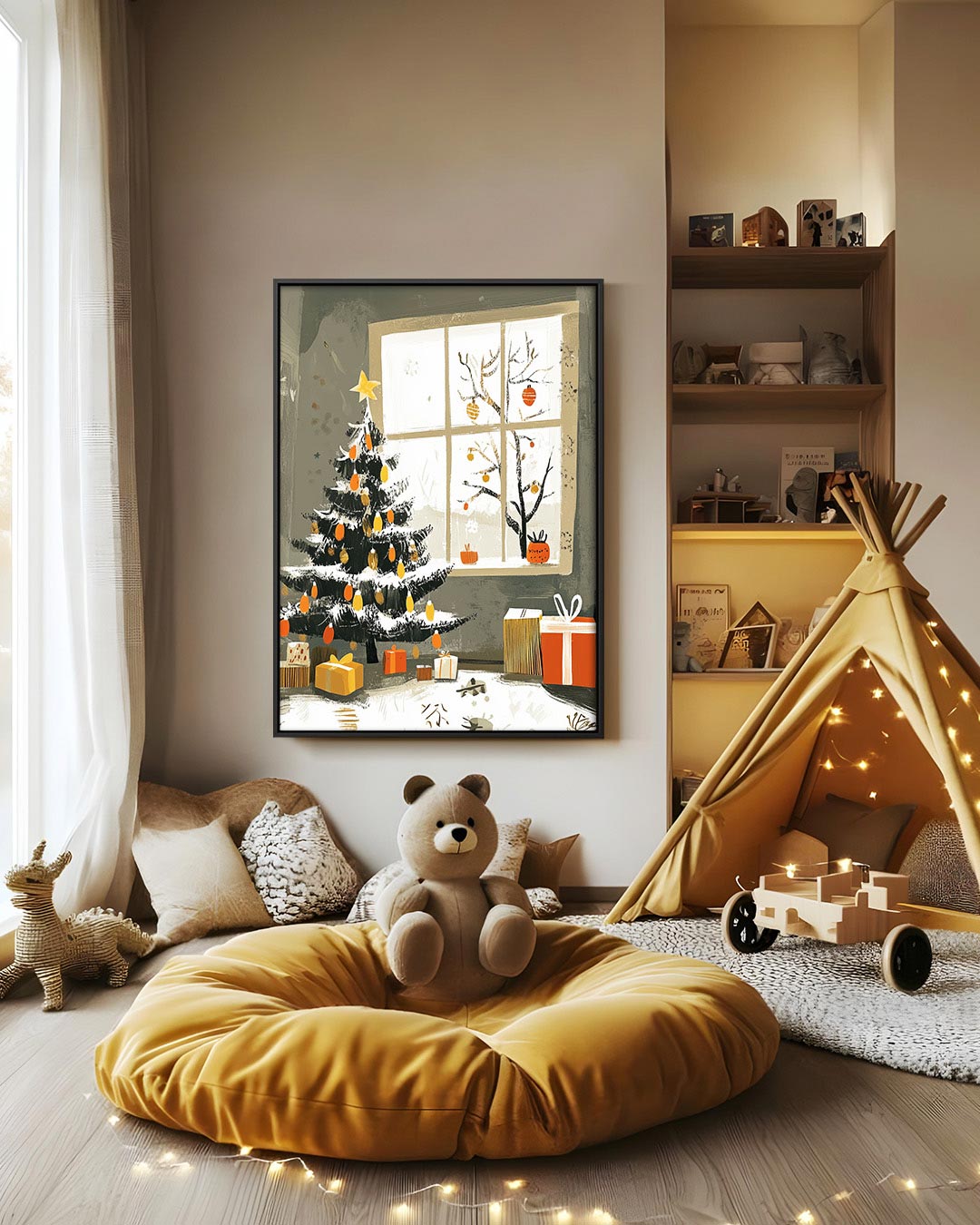 Kerstboom en cadeaus – decoratief kunstwerk voor aan de muur