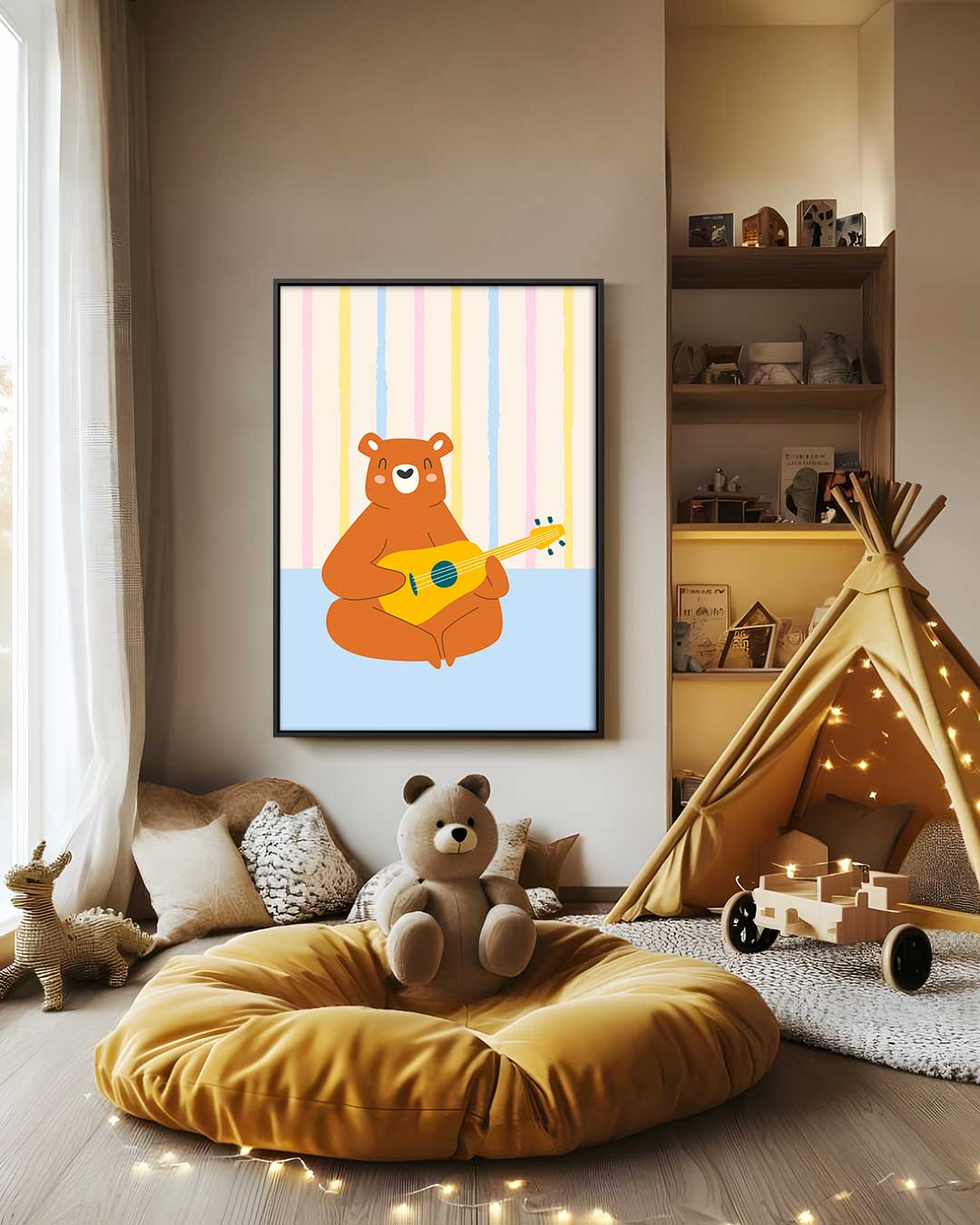 Muzikale Beer Met Gitaar – modern portret kunstwerk van WallArtistic
