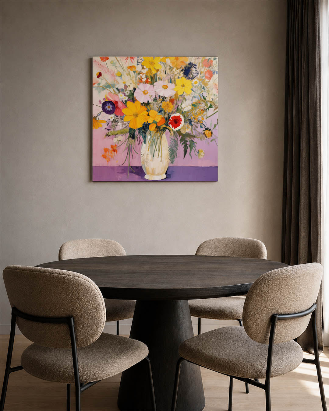 Bloemenpracht in vaas kunstwerk – derde productweergave – dit toont een levendig boeket bloemen in een vaas, met een