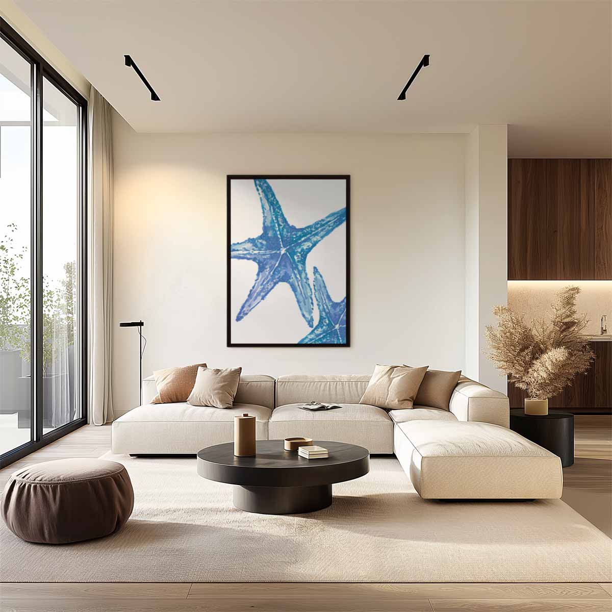 Blauwe zeester close-up – dibond wanddecoratie in staand formaat