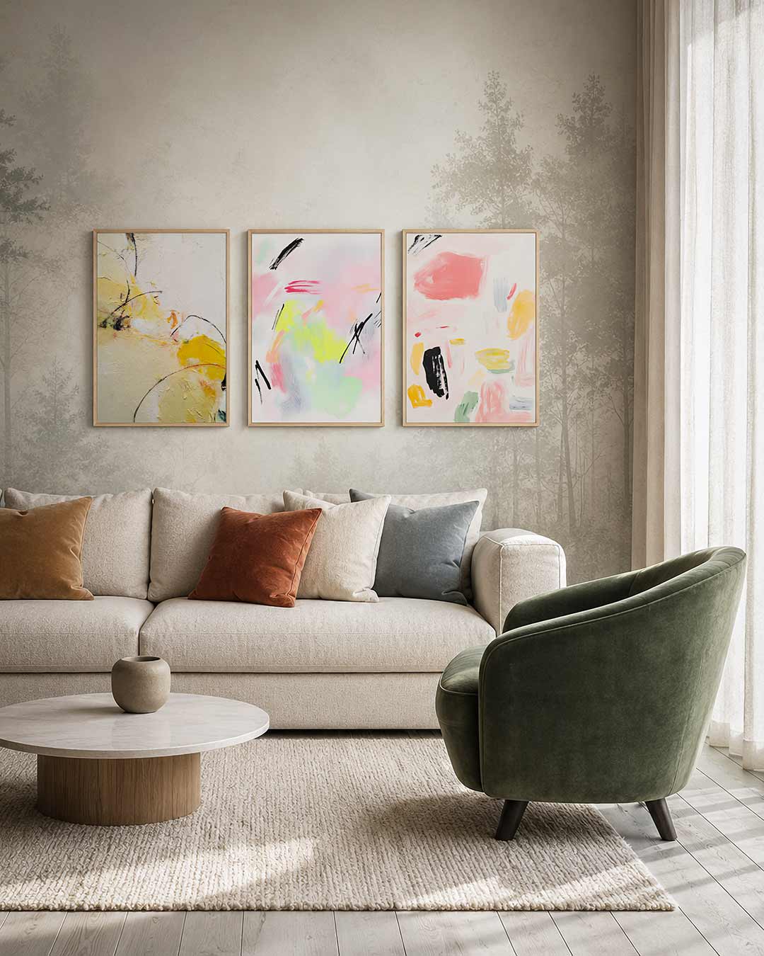 Kleur en lijnenspel driedelige posterset – deze posterset in drie delen toont een speelse mix van gele