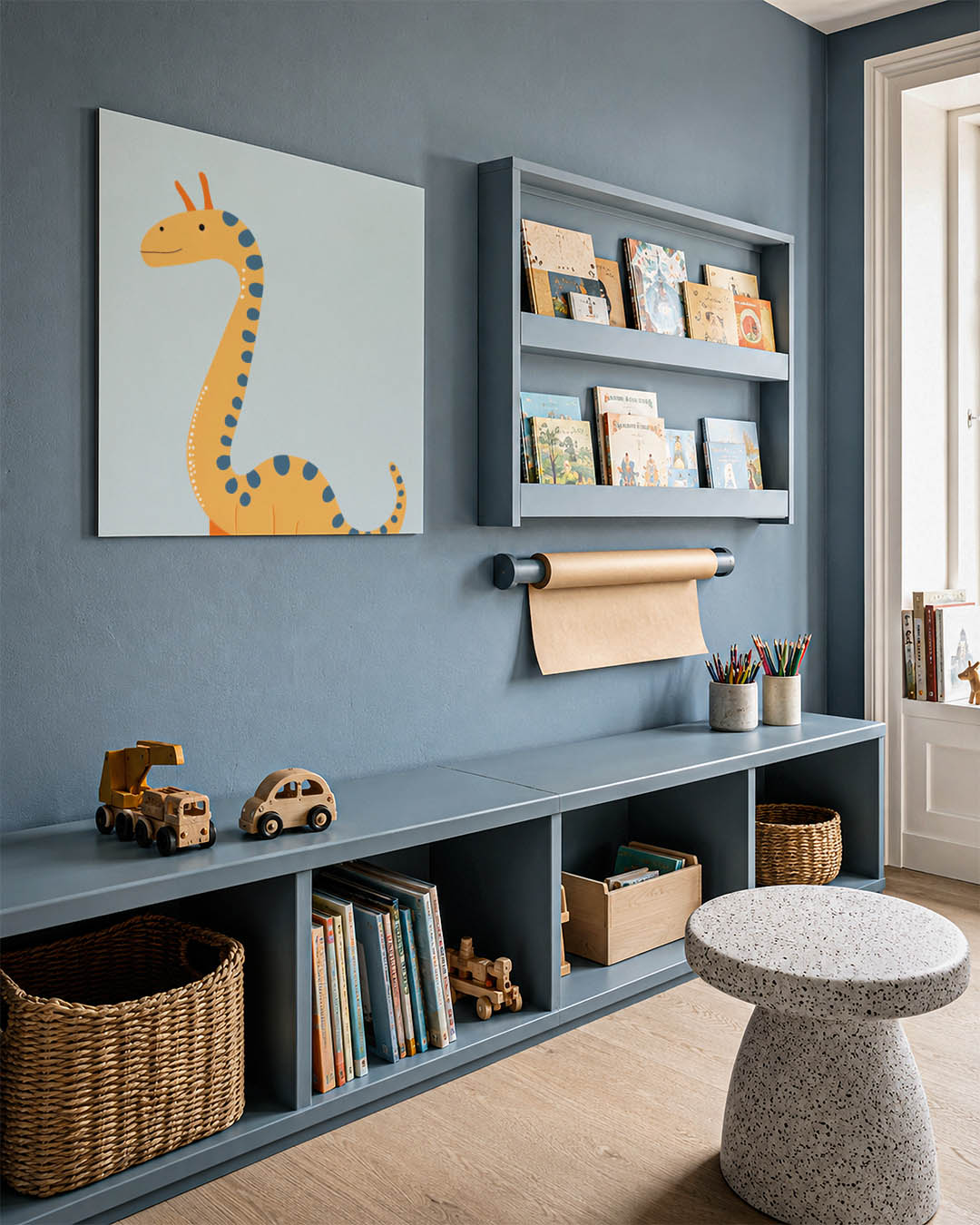 Speelse dinosaurus illustratie kunstwerk – detailweergave – dit kunstwerk toont een vrolijke dinosaurus met een lange nek en
