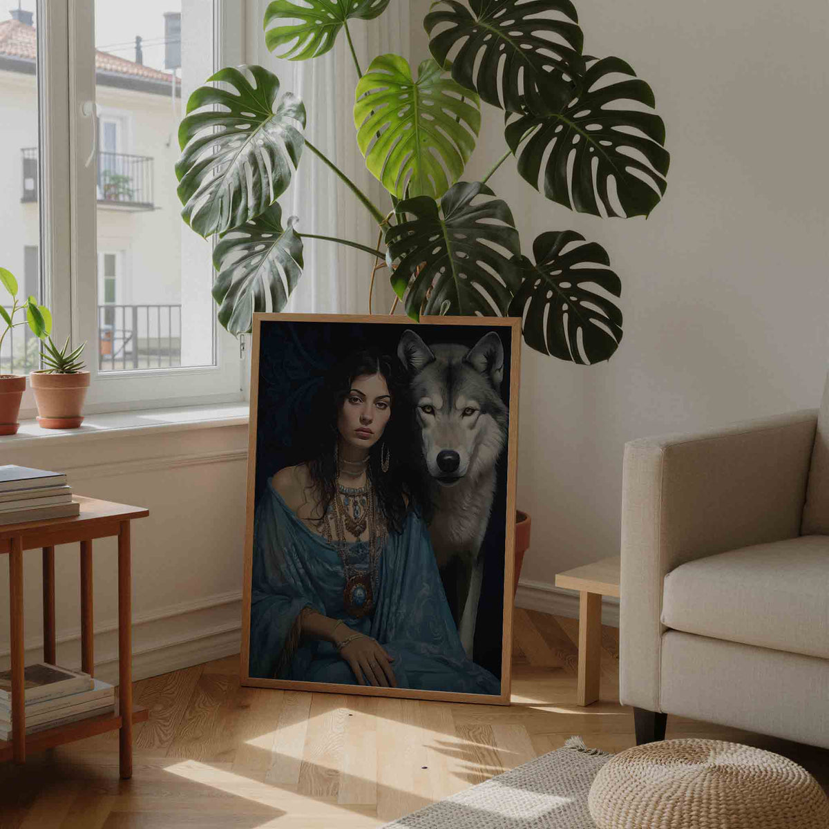 Vrouw en wolf – staande botanische wanddecoratie van WallArtistic