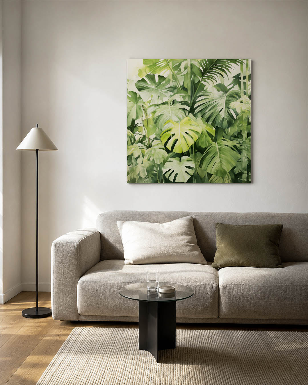 Groene bladeren compositie kunstwerk – detailweergave – dit werk toont een verzameling van grote, groene bladeren die elkaar