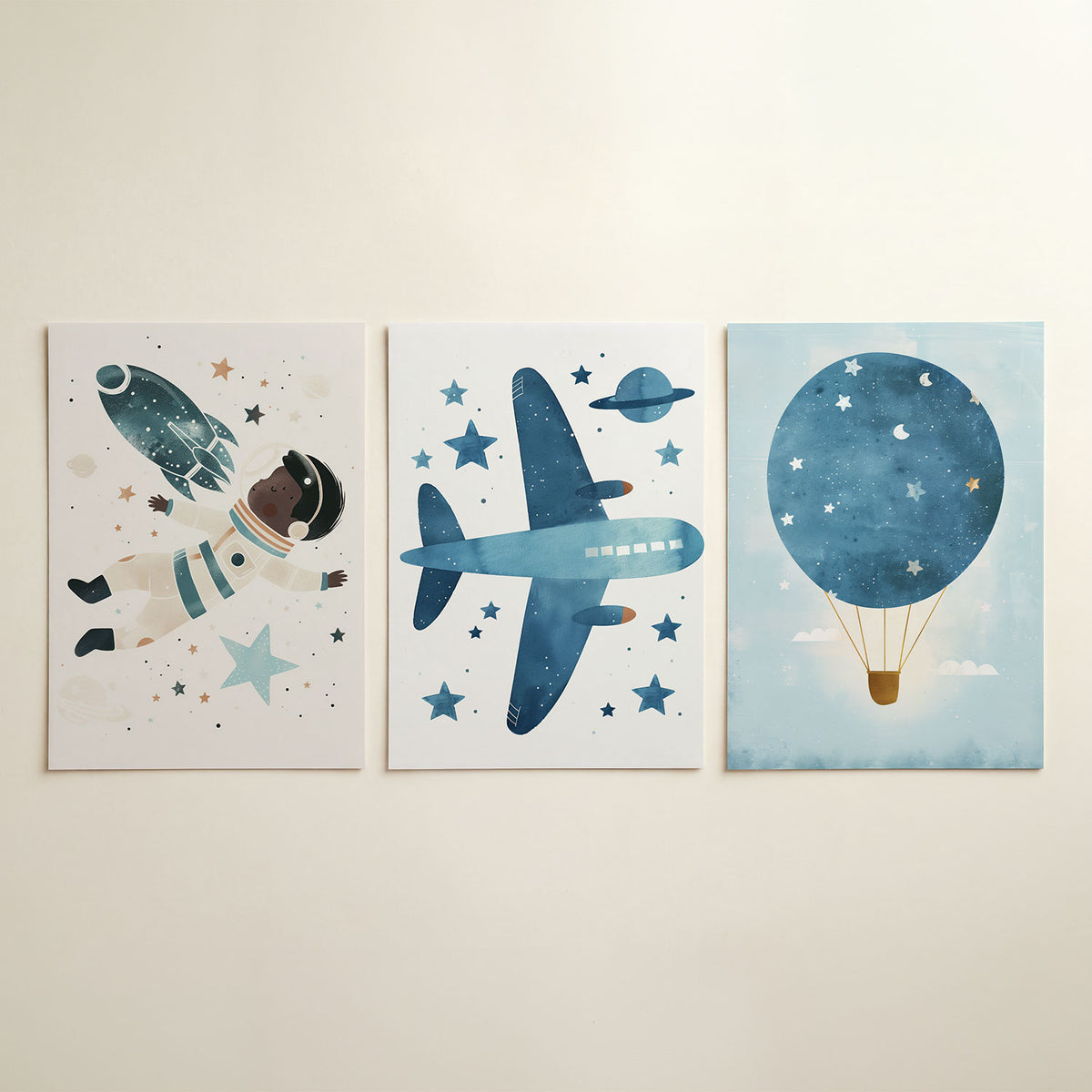 Ruimteavontuur illustratie driedelige posterset in interieur