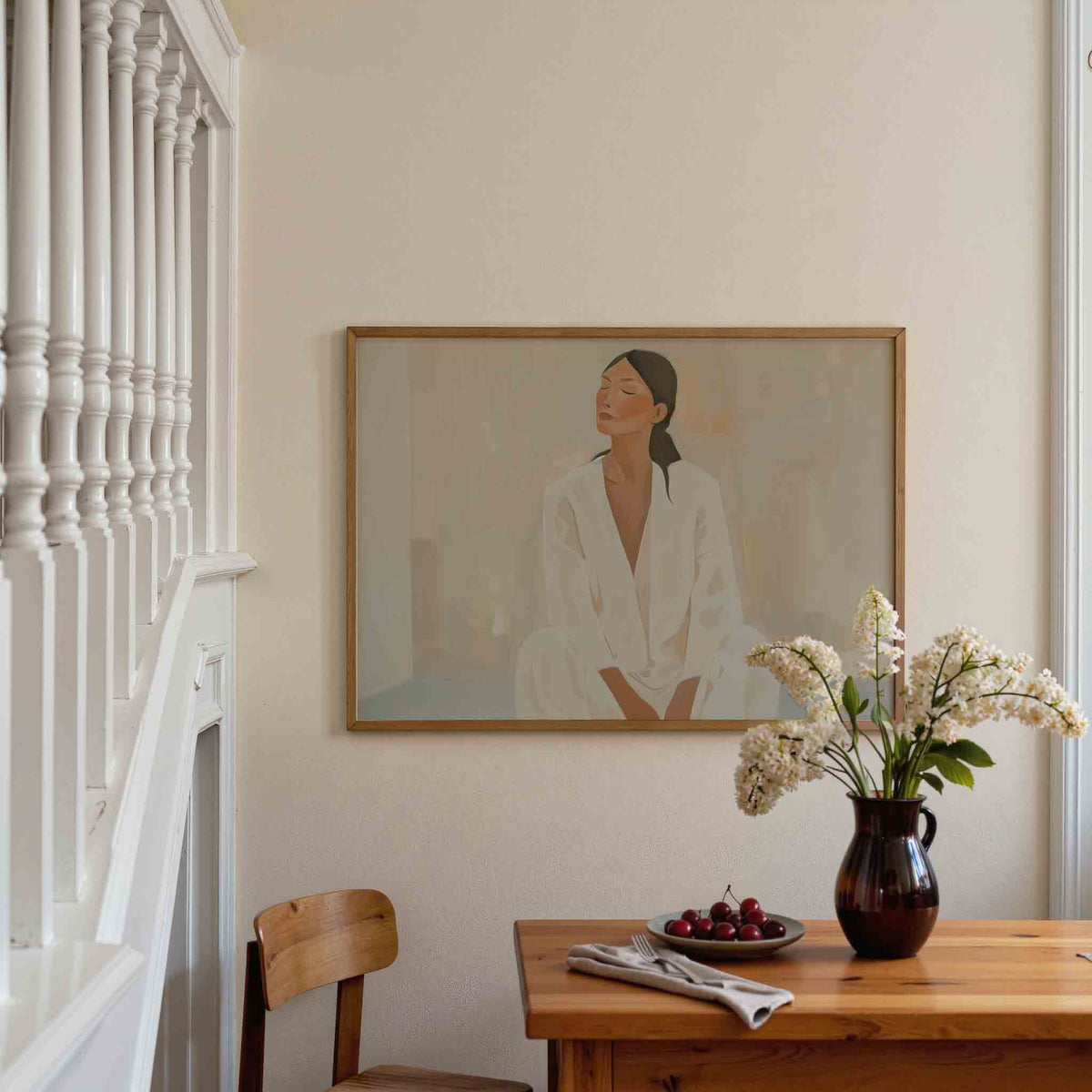 Vrouw in witte kleding – liggende illustratie poster als wanddecoratie