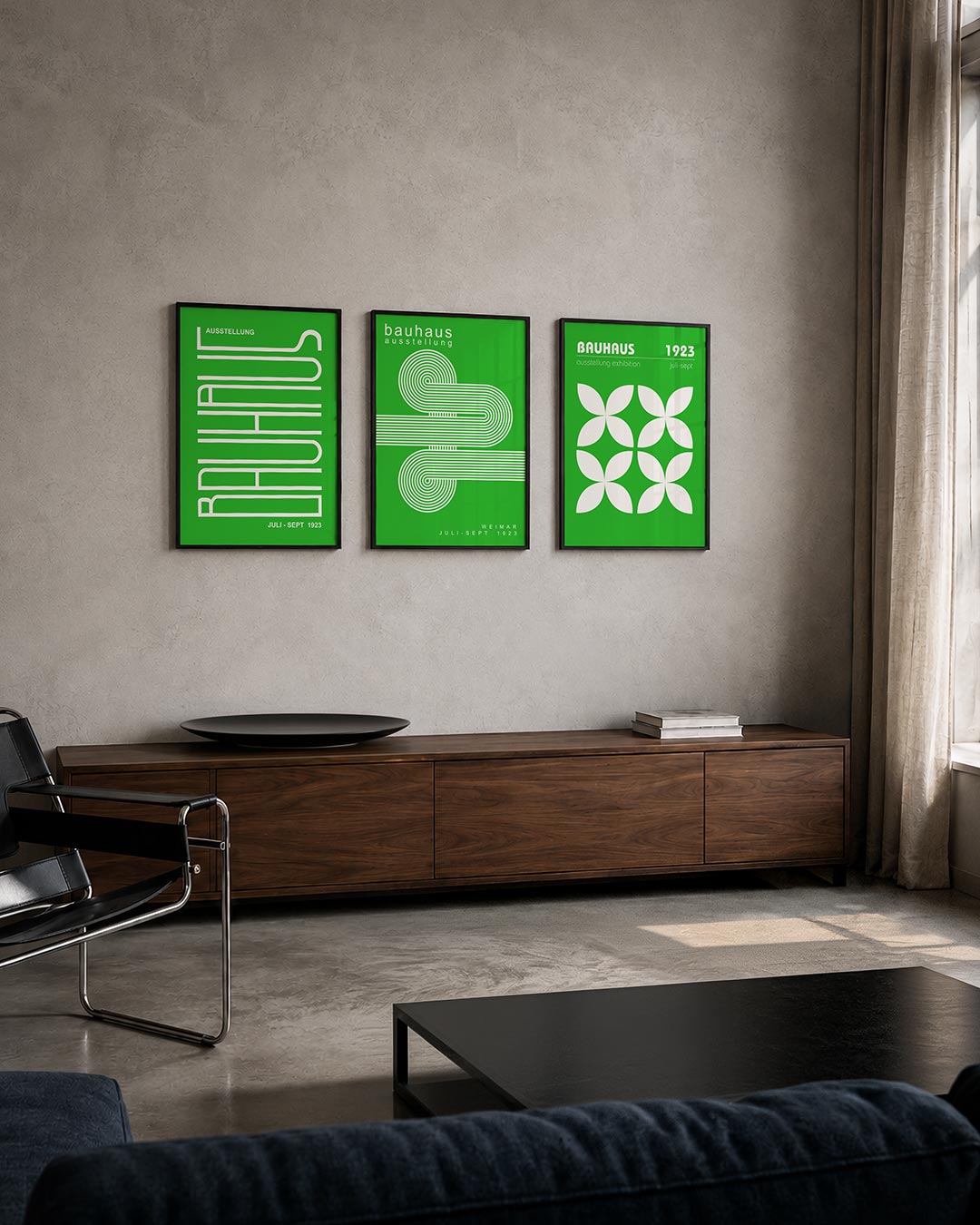 Lijnen en kleurvlakken driedelige posterset – heldere groene achtergrond met witte, gestileerde lijnen die een speels ritme