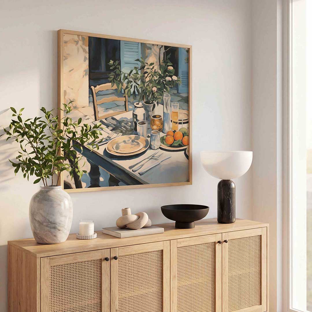 Ontbijttafel met fruit – bloemen wandkunst als vierkante poster
