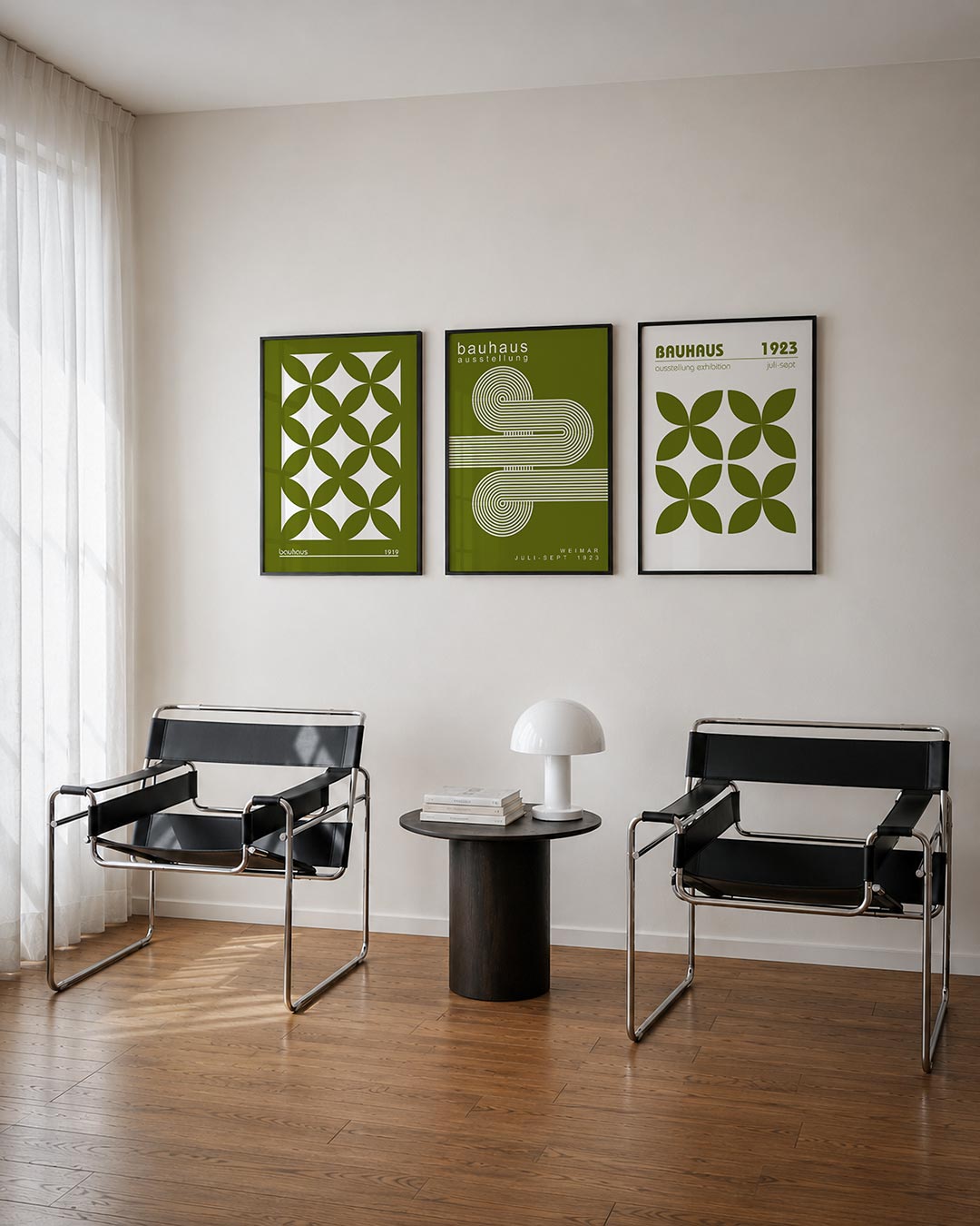 Vormenspel en kleur driedelige posterset – deze posterset in drie delen toont een ritmisch patroon van olijfgroene