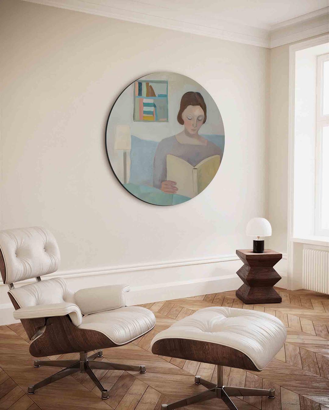 Lezende vrouw – moderne ronde wanddecoratie van WallArtistic