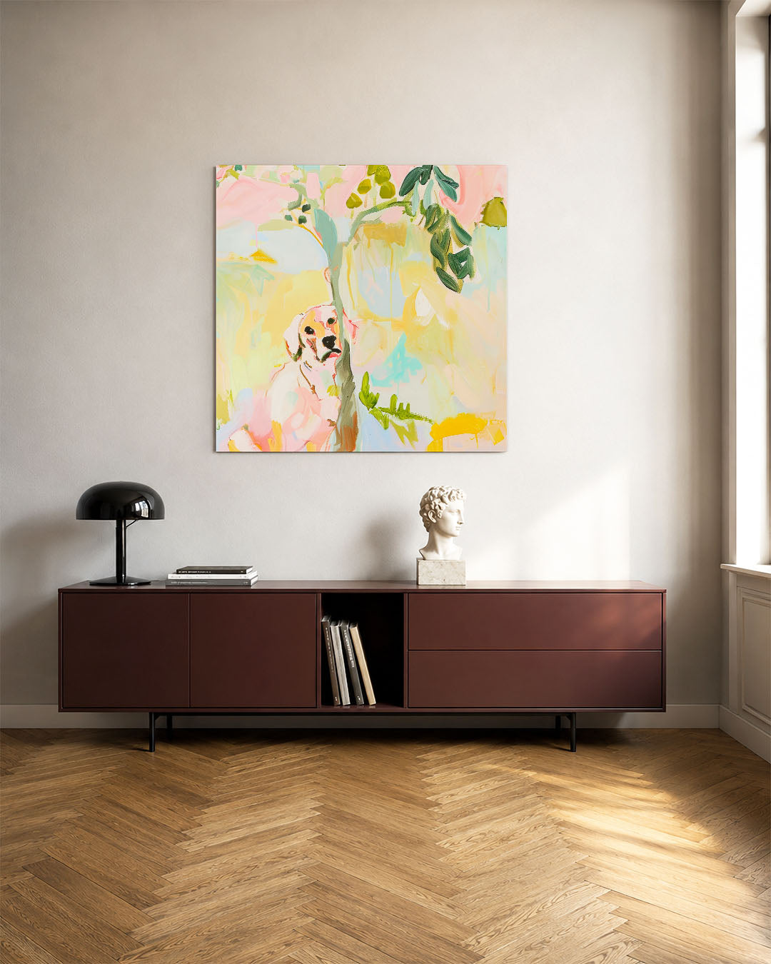 Vrolijke kleurenhond kunstwerk – tweede productweergave – dit kunstwerk toont een hond omringd door levendige kleuren en