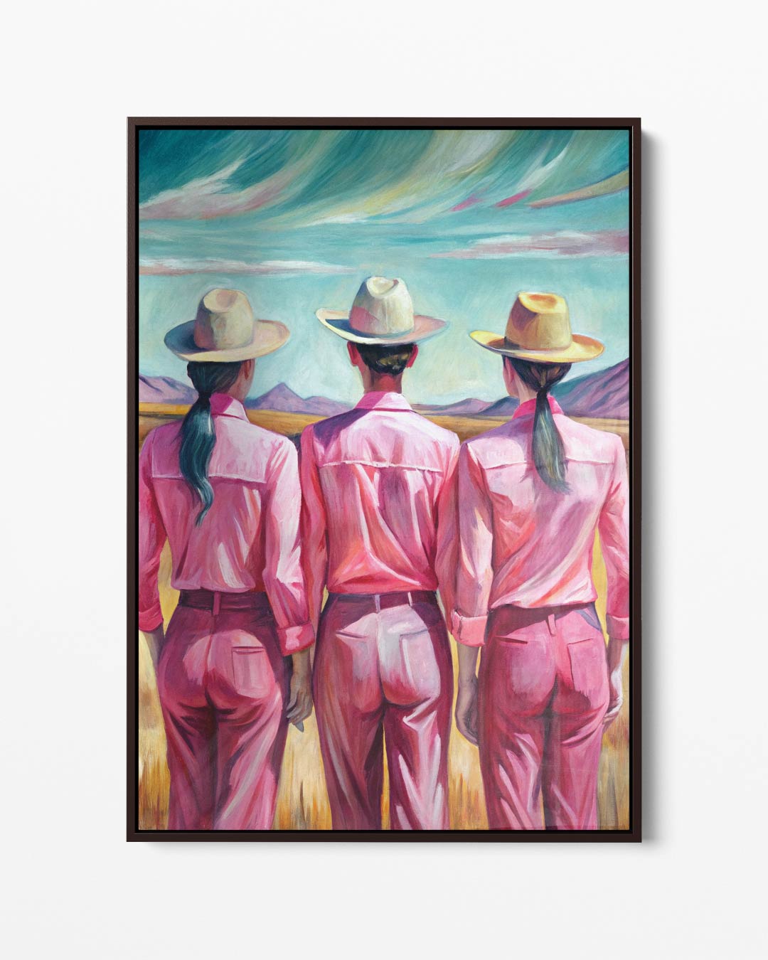 Trio in Roze Landschap – portret kunstwerk als wanddecoratie