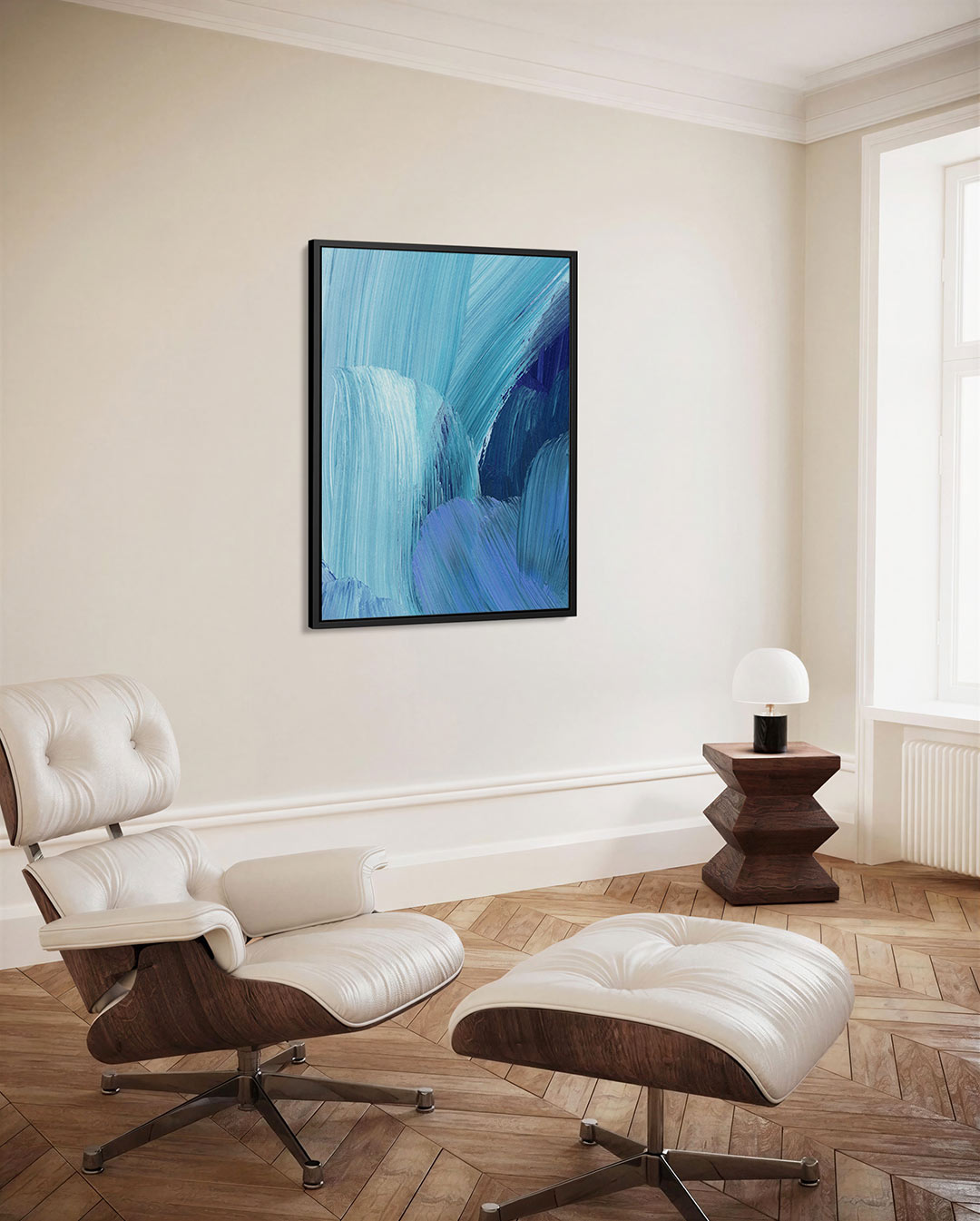 Dynamische blauwe strokes – decoratief kunstwerk voor aan de muur