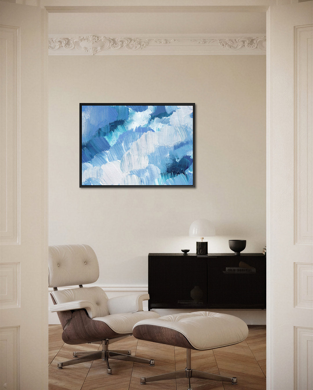 Dynamische blauwe borstels – Blauwe – liggende wanddecoratie