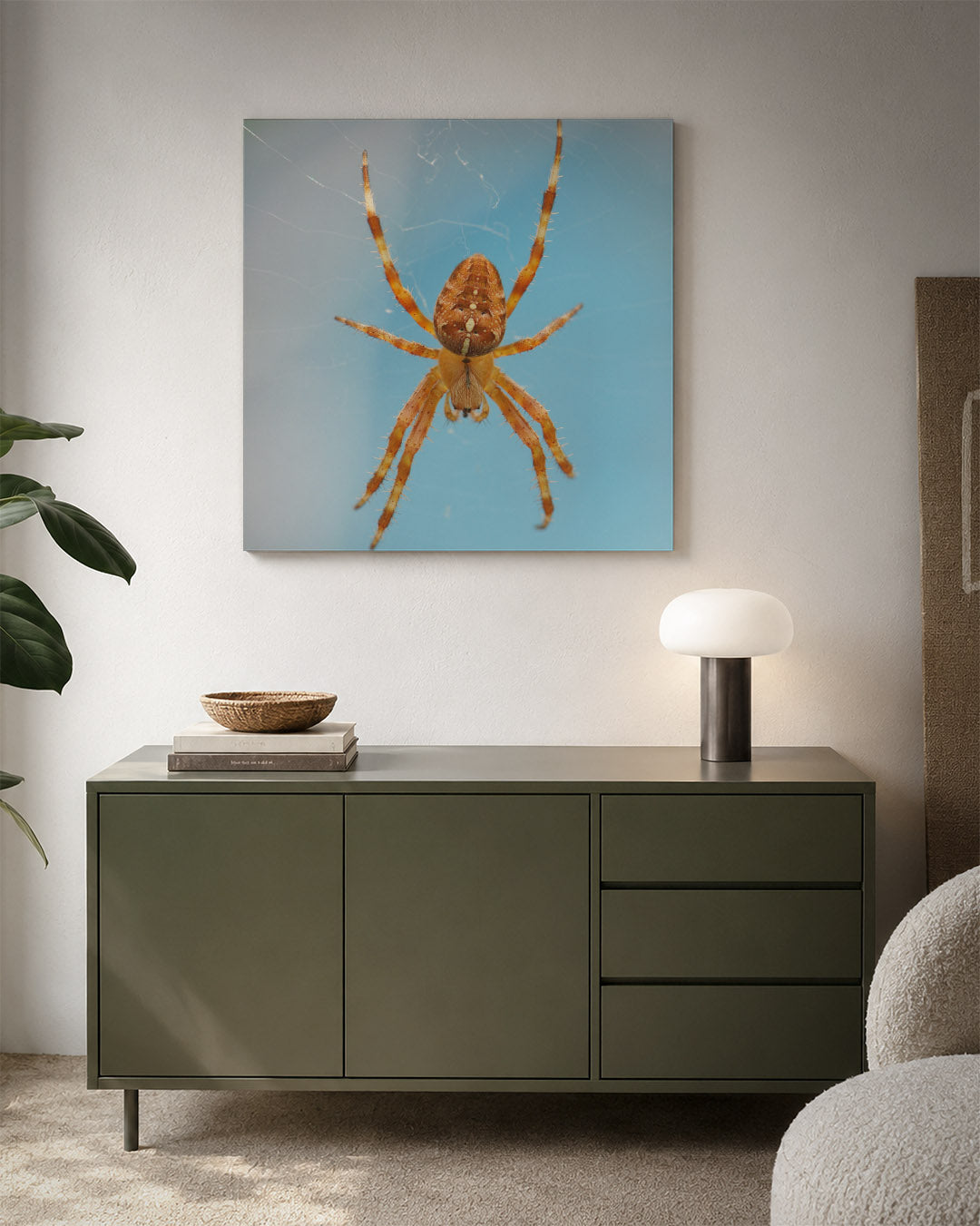 Natuurlijke spin kunstwerk – detailweergave – een close-up van een spin met een oranje lichaam en lange poten, tegen een