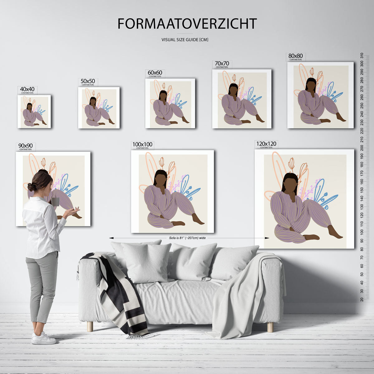 Zittende figuur met bloemen – vierkante muurposter met vrouwelijk portret