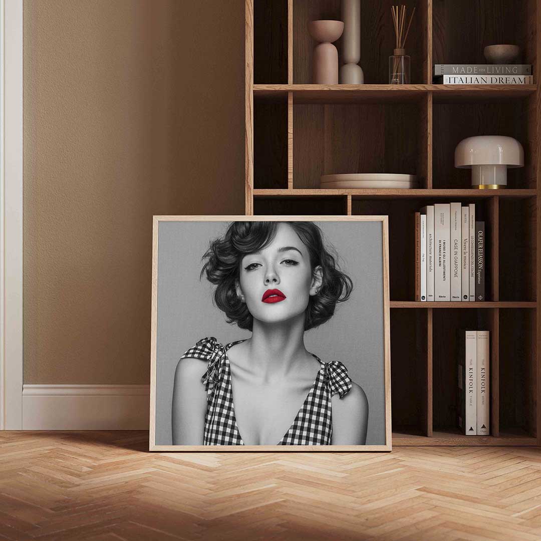 Vrouw met rode lippen – kleurrijke Pop Art poster in vierkant formaat