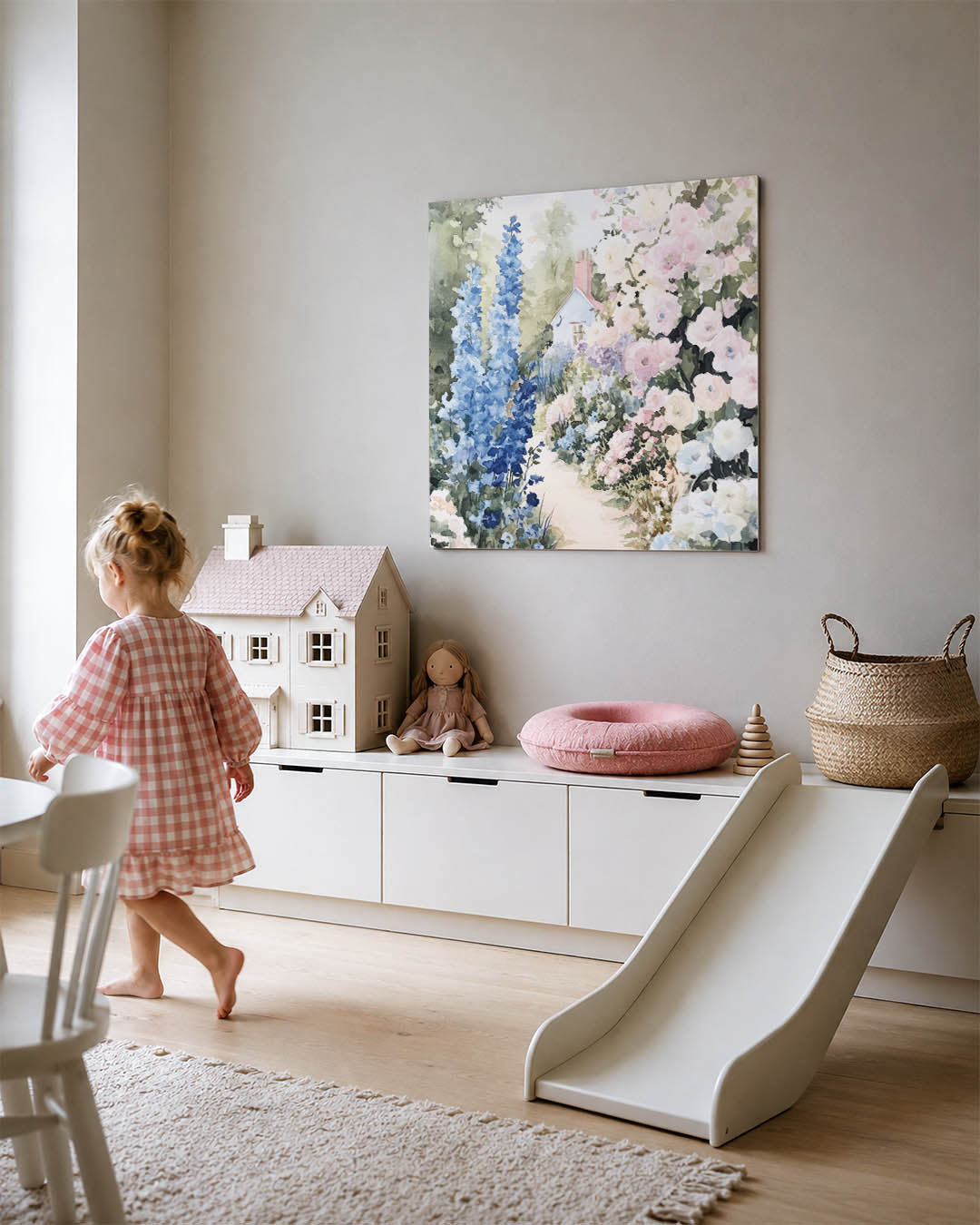 Bloementuin met huisje kunstwerk – tweede productweergave – dit werk toont een tuin vol kleurrijke bloemen en een huisje op
