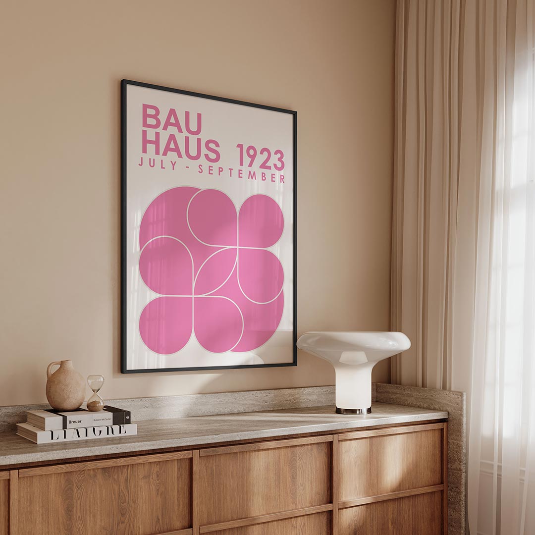 Roze cirkelpatronen – geometrische Bauhaus poster in staand formaat