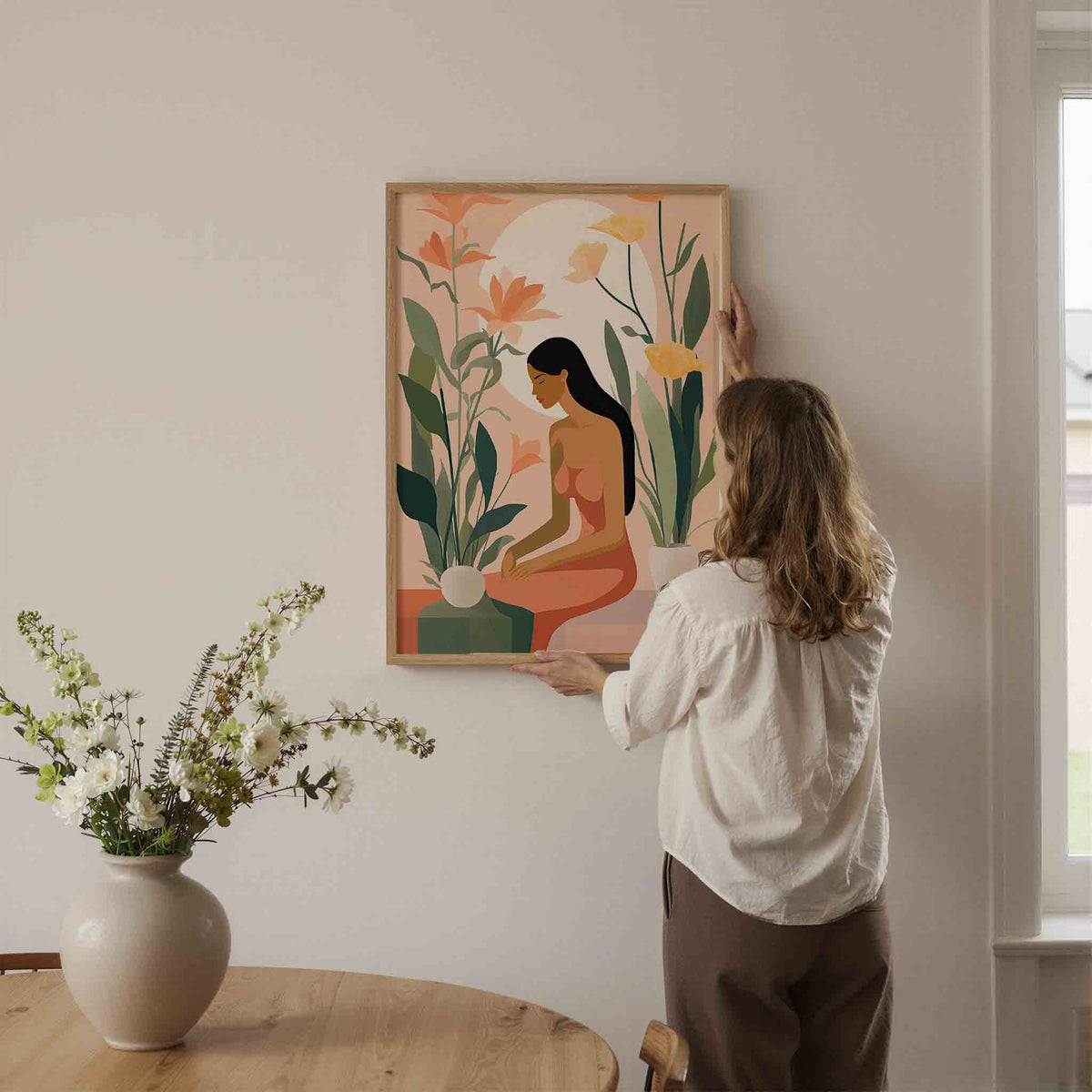 Vrouw met bloemen – botanische wandkunst als portret poster