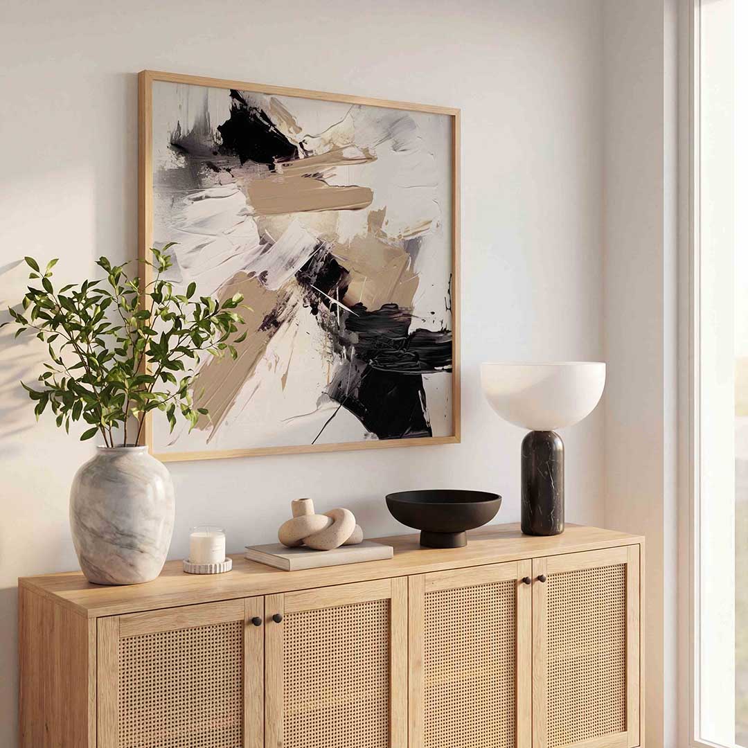 Abstracte beige en zwarte – rustige abstracte wandkunst als vierkante poster