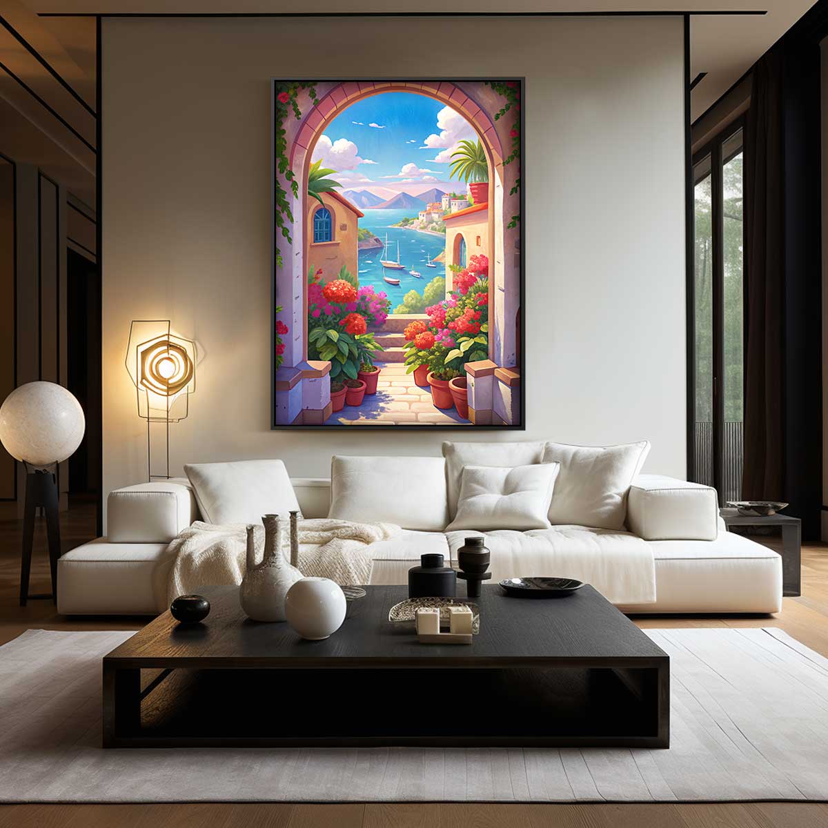 Mediterraans Paradijs – kunstwerk met zwarte baklijst