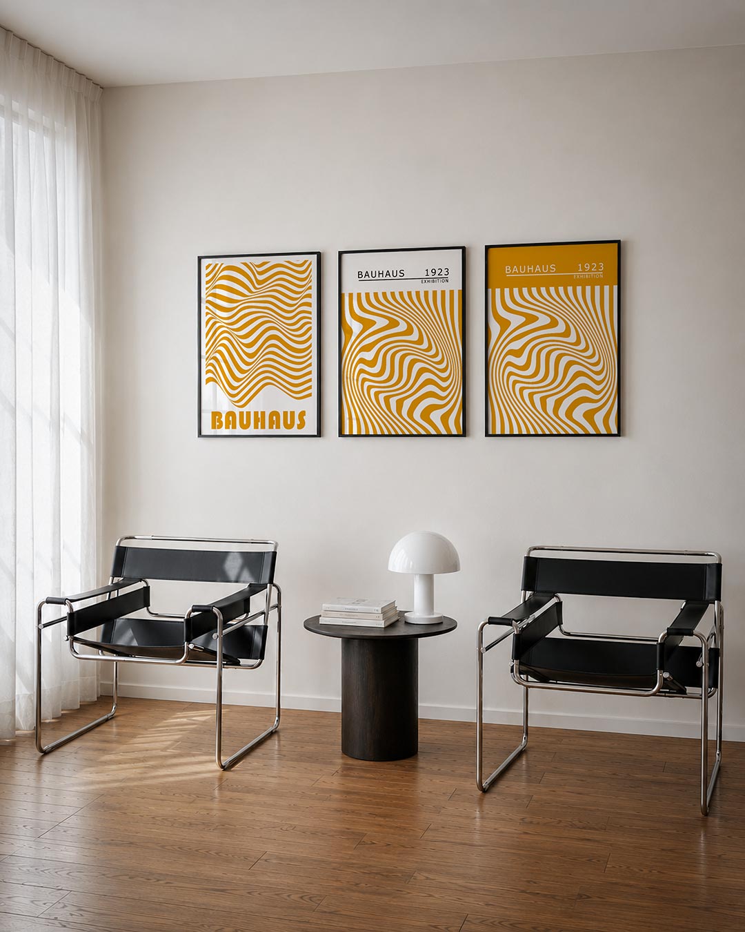 Golvend lijnenspel posterset – derde productweergave – deze posterset toont een dynamisch lijnenspel in warme oranje tinten.