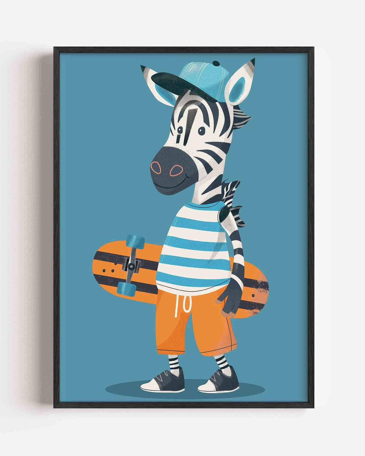 Zebra met skateboard – kids portret poster als wanddecoratie