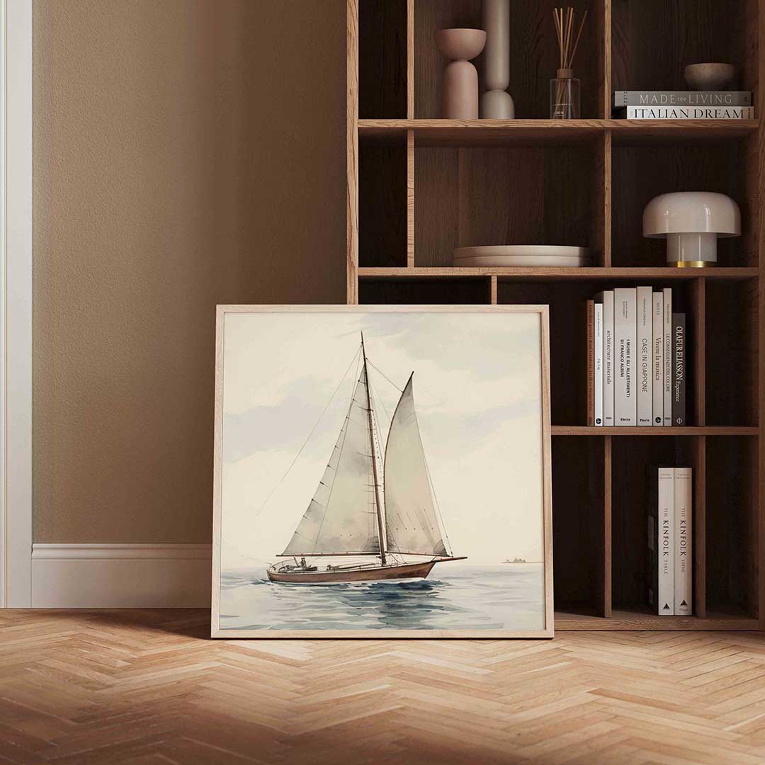 Zeilboot op zee – vierkante vintage wanddecoratie van WallArtistic