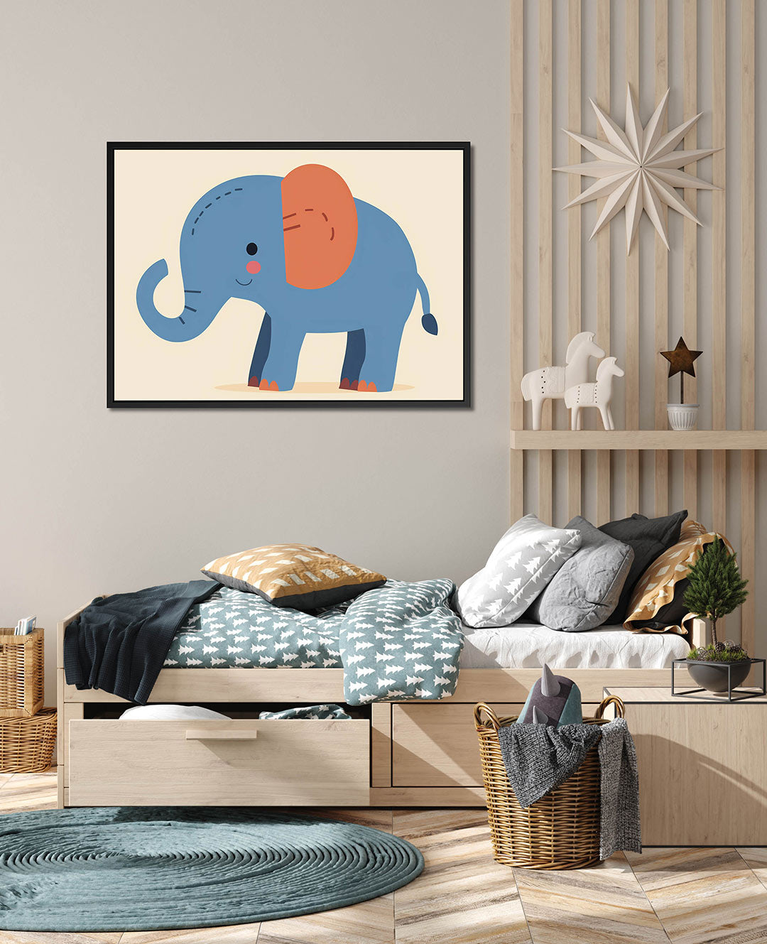 Speelse olifant illustratie – Vrolijke – wanddecoratie in interieur