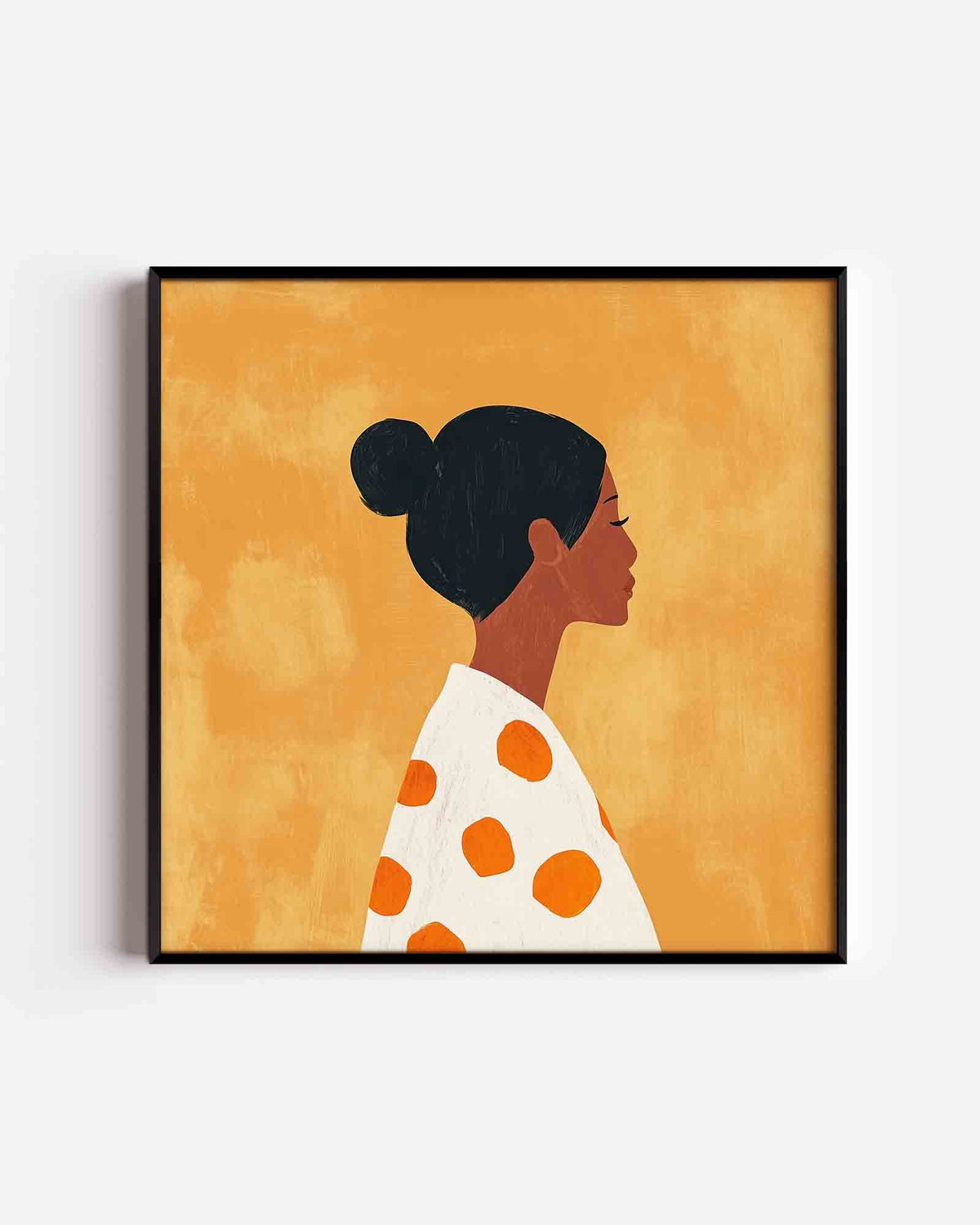 Vrouwelijk profiel met oranje stippen – moderne vierkante poster als wanddecoratie