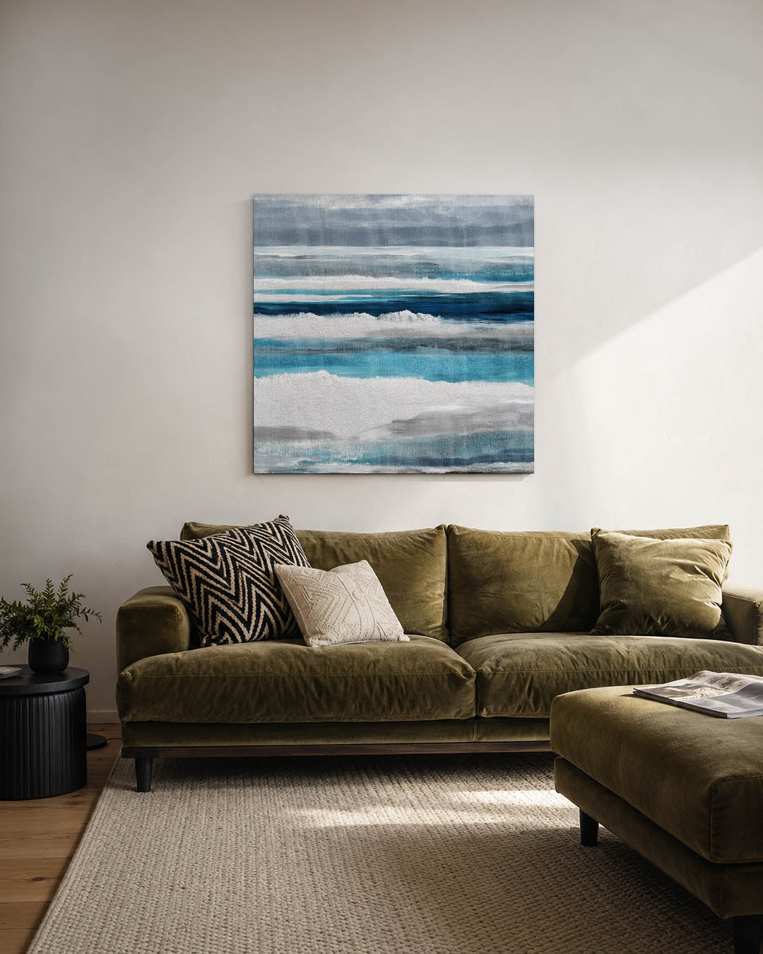 Horizontale kleurenlagen kunstwerk – derde productweergave – dit werk toont horizontale lagen in verschillende tinten blauw