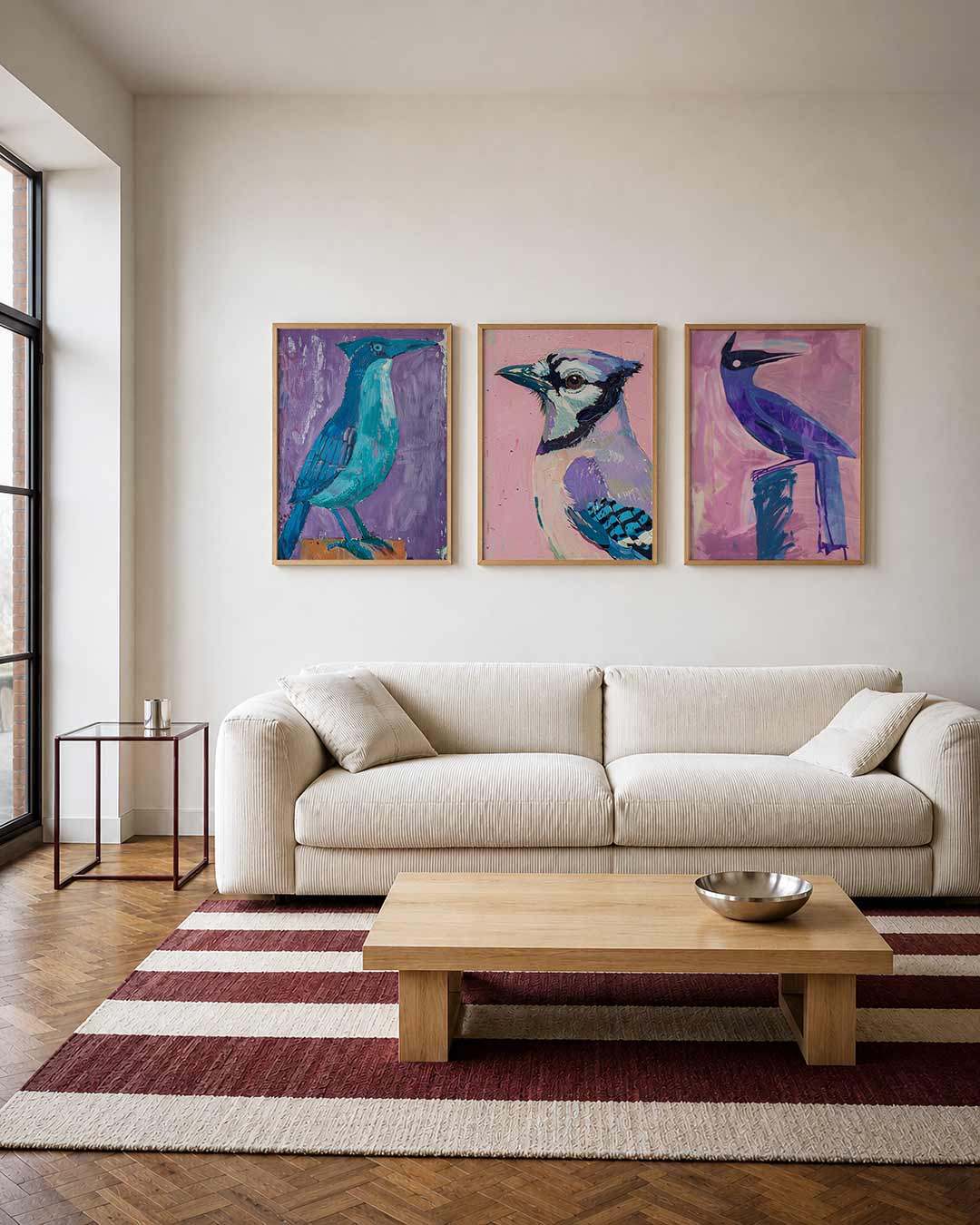 Vogel in kleur driedelige posterset – een speelse vogel in blauw- en groentinten tegen een paarse