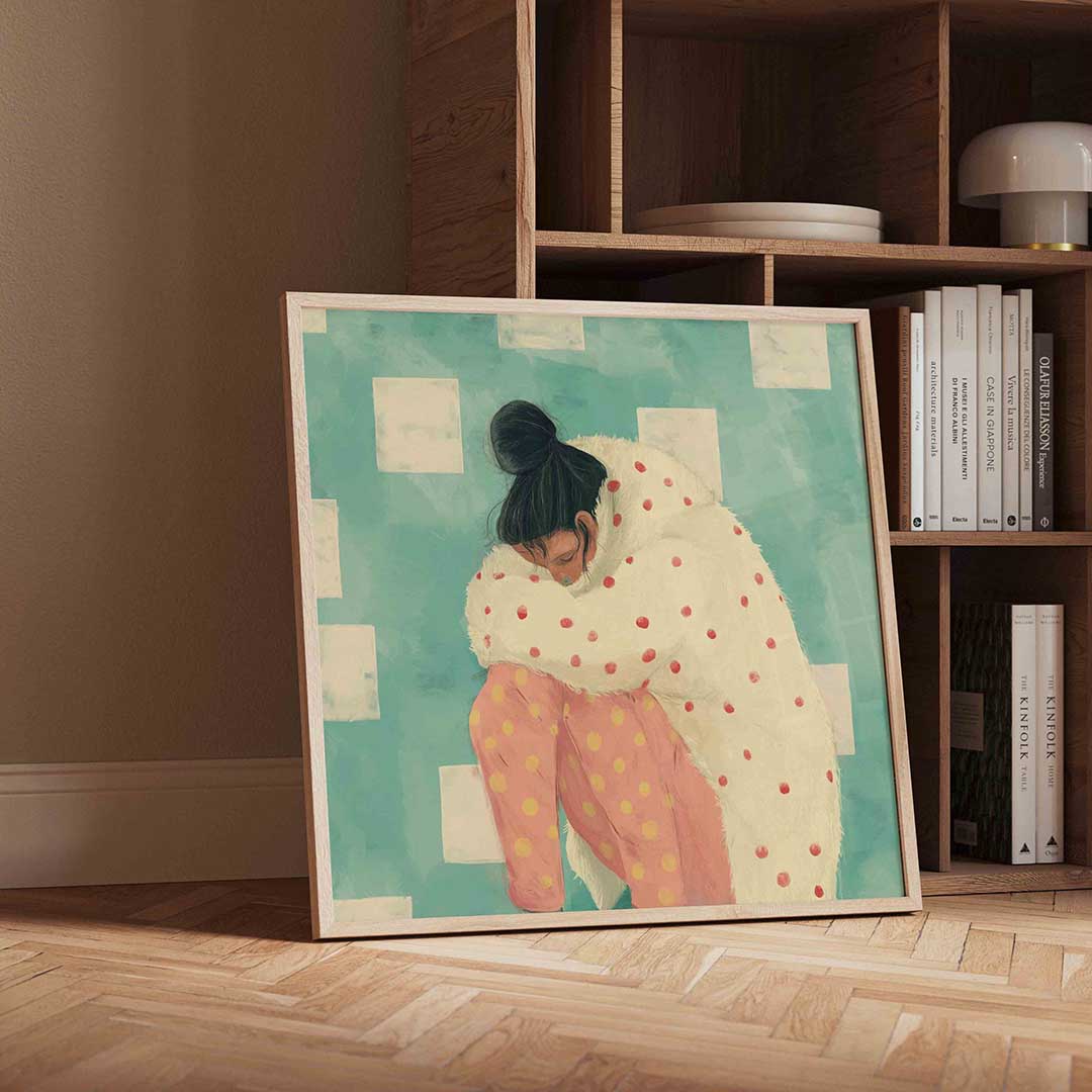 Vrouw in stippenjas – vierkante moderne wanddecoratie van WallArtistic