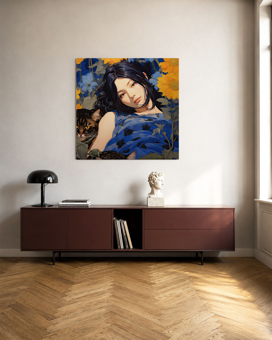 Dromerige bloemenportret kunstwerk – tweede productweergave – dit werk toont een compositie van een vrouw omringd door