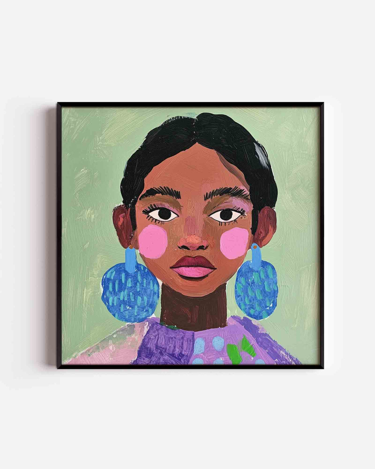 Portret met blauwe oorbellen – moderne vierkante poster als wanddecoratie