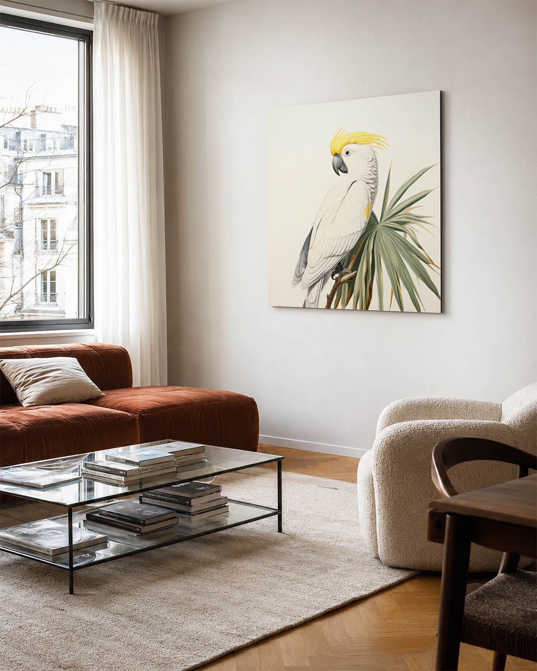 Papegaai en bladeren kunstwerk – vierkante wanddecoratie – dit werk toont een gedetailleerde witte papegaai met een gele