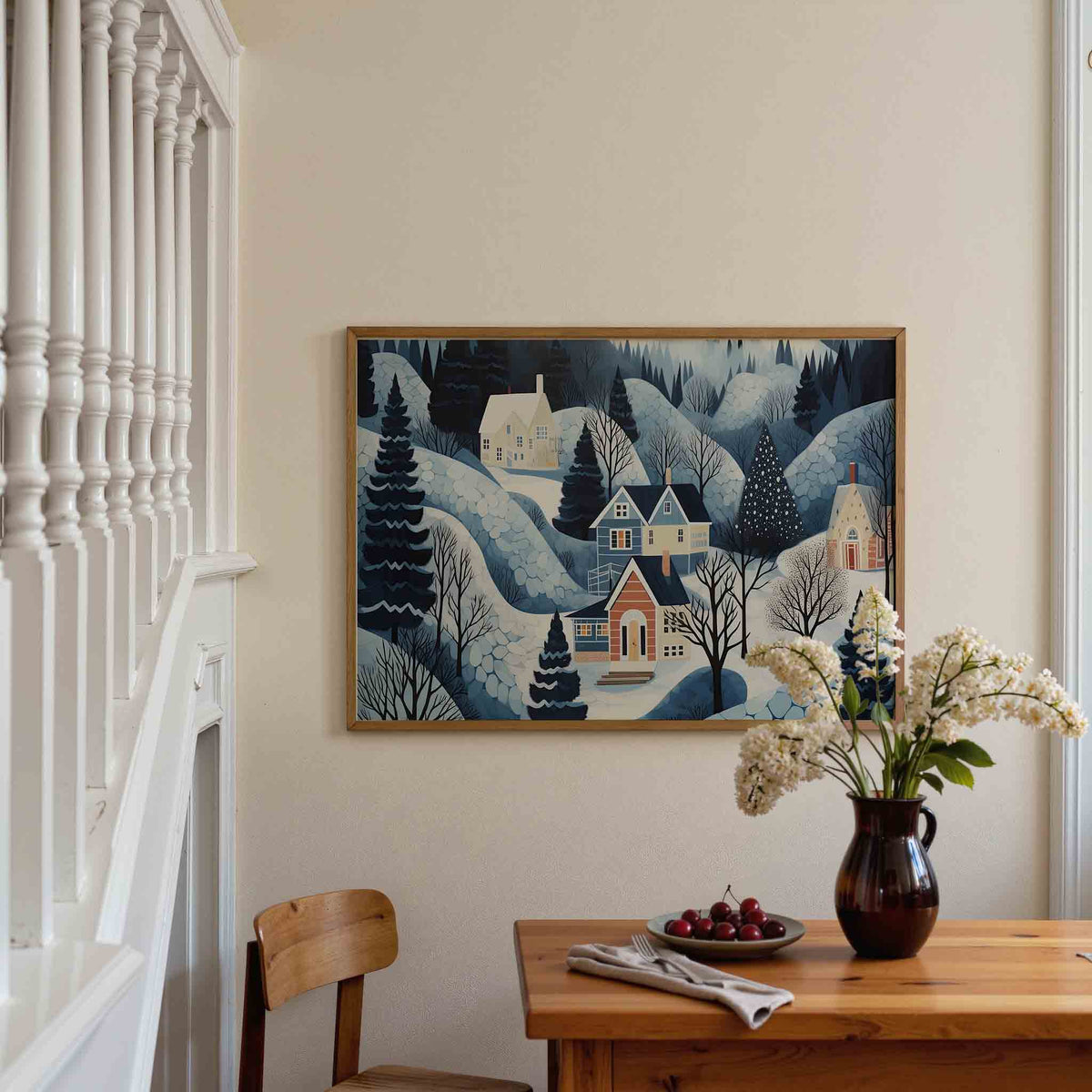 Winterlandschap met huizen – liggende illustratie poster als wanddecoratie