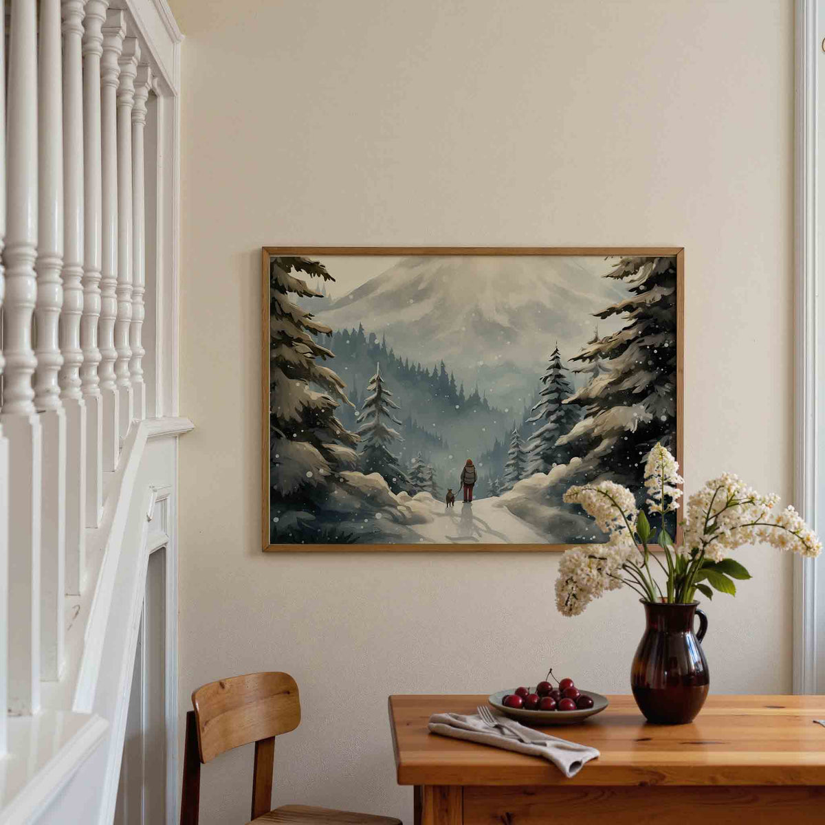 Winterlandschap met wandelaar – liggende illustratie poster als wanddecoratie